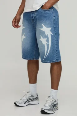 Short En Jean Décontracté À Surpiqûres Contrastées Étoile Coupe Longue
