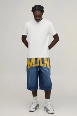 Short En Jean Denim Rigide Long Imprimé MAN