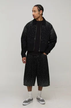Short En Jean Délavé Coupe Ample Avec Ceinture Et Strass