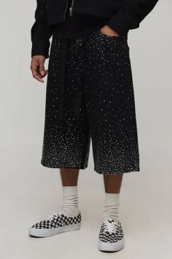 Short En Jean Délavé Coupe Ample Avec Ceinture Et Strass