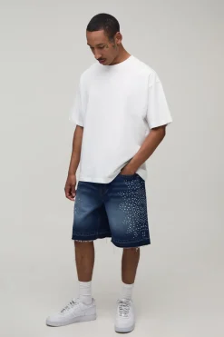 Short En Jean Délavé Coupe Décontractée À Bords Bruts Et Strass