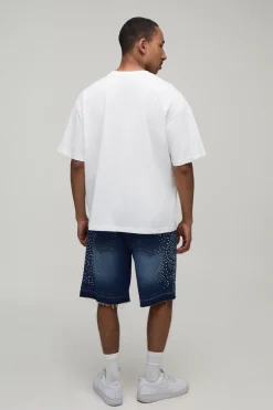 Short En Jean Délavé Coupe Décontractée À Bords Bruts Et Strass