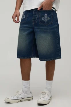 boohooMAN Short En Jean Délavé À Strass Fleur De Lys<Homme Jorts|Denim