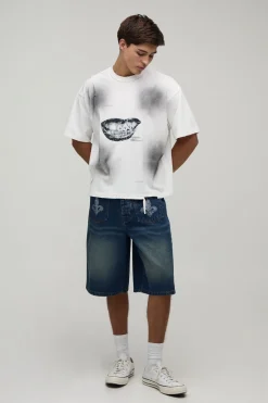 boohooMAN Short En Jean Délavé À Strass Fleur De Lys<Homme Jorts|Denim