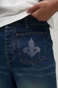 boohooMAN Short En Jean Délavé À Strass Fleur De Lys<Homme Jorts|Denim