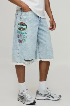 Short En Jean Long Avec Appliqué Varsity