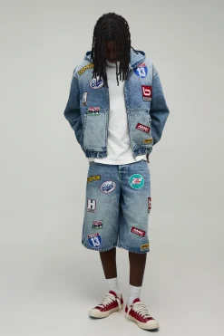 boohooMAN Short En Jean Long Avec Badge Moto<Homme Jorts|Denim