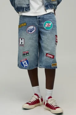 boohooMAN Short En Jean Long Avec Badge Moto<Homme Jorts|Denim