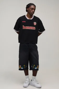 Short En Jean Long Avec Ourlet Brodé De Fleurs
