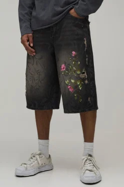 Short En Jean Long Brodé De Motifs Floraux