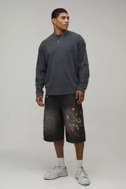 Short En Jean Long Brodé De Motifs Floraux