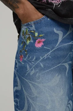 boohooMAN Short En Jean Long Broderie Florale<Homme Jorts|Denim