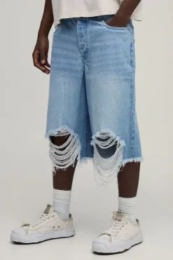 Short En Jean Long Déchiré Coupe Régulière