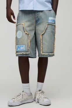 Short En Jean Moto Brut Coupe Charpentier Avec Bords Effilochés