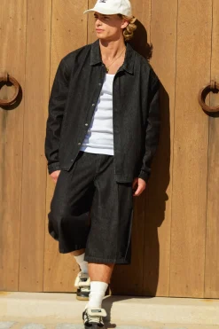 Short En Jean Plissé Devant Finition Rinse Wash Coordonné