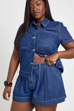 Short En Jean Plissé Évasé Grande Taille