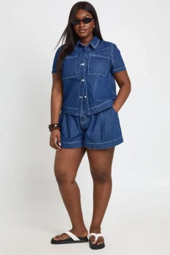 Short En Jean Plissé Évasé Grande Taille