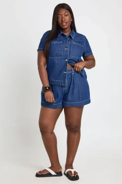 Short En Jean Plissé Évasé Grande Taille
