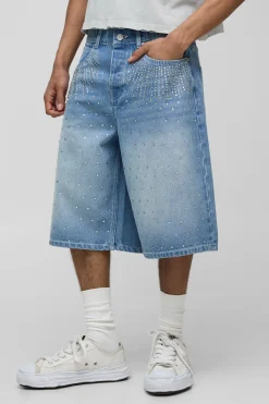 boohooMAN Short En Jean Regular Orné De Détails Sur Toute La Surface<Homme Jorts|Denim