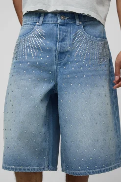 boohooMAN Short En Jean Regular Orné De Détails Sur Toute La Surface<Homme Jorts|Denim