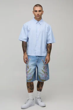 boohooMAN Short En Jean Rigide Broderie Florale Coupe Ample<Homme Denim|Tout Afficher