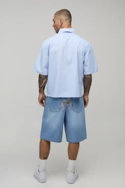 boohooMAN Short En Jean Rigide Broderie Florale Coupe Ample<Homme Denim|Tout Afficher