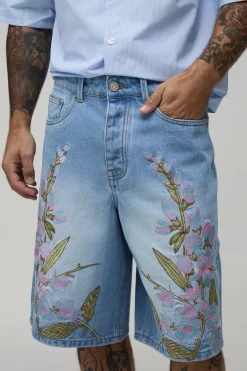 boohooMAN Short En Jean Rigide Broderie Florale Coupe Ample<Homme Denim|Tout Afficher