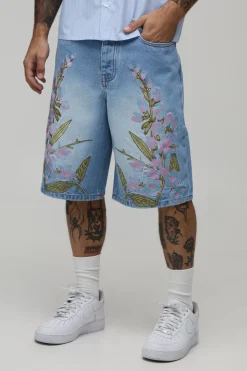 boohooMAN Short En Jean Rigide Broderie Florale Coupe Ample<Homme Denim|Tout Afficher