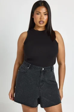 Short En Jean Taille Haute Orné De Strass Grande Taille