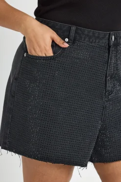 Short En Jean Taille Haute Orné De Strass Grande Taille