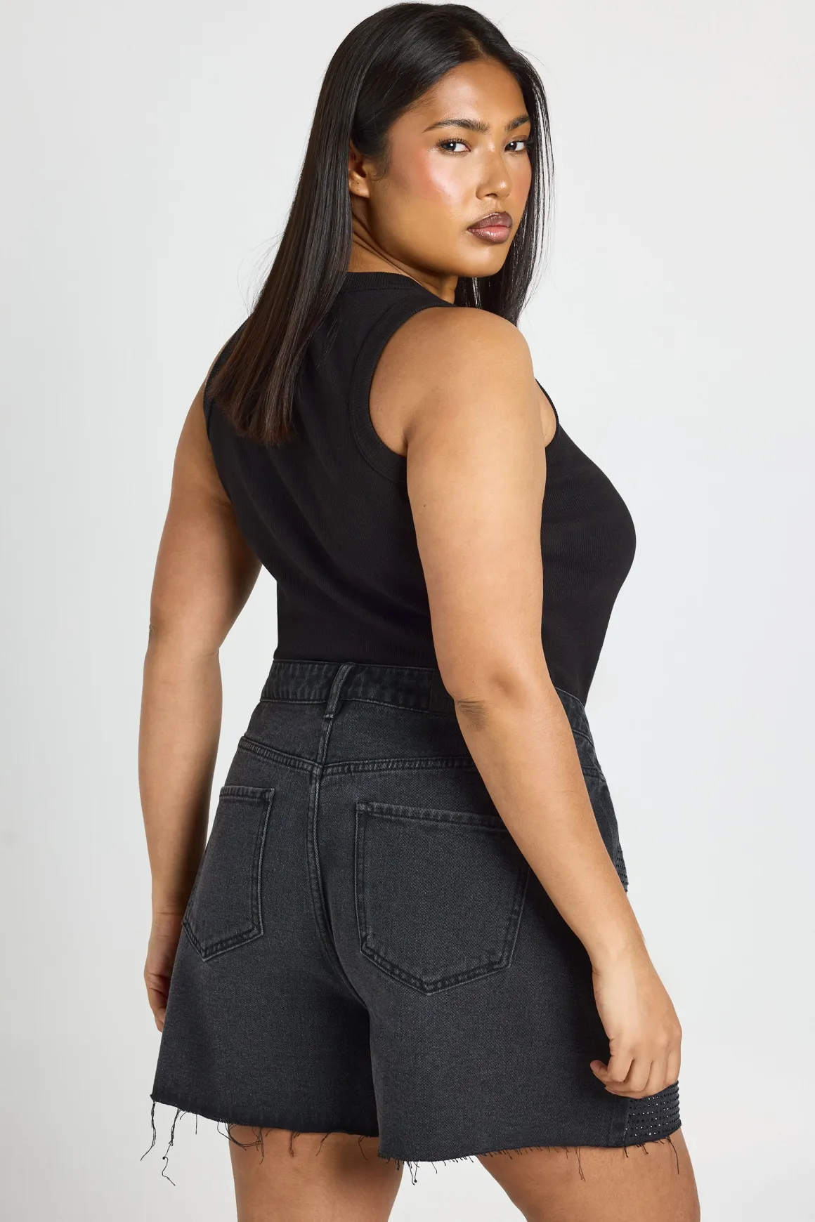 Short En Jean Taille Haute Orné De Strass Grande Taille