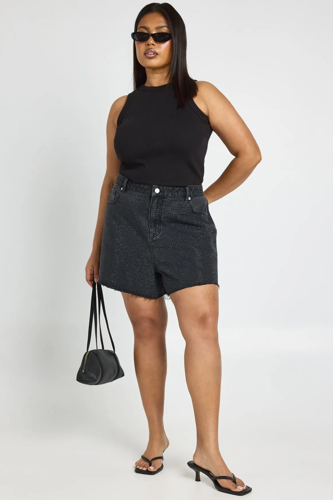 Short En Jean Taille Haute Orné De Strass Grande Taille