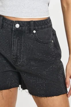 Short En Jean Taille Haute Orné De Strass