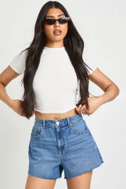 Short En Jean Taille Haute À Ourlet Brut