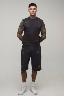 Short En Jersey Délavé Oversize Avec Strass Grande Taille