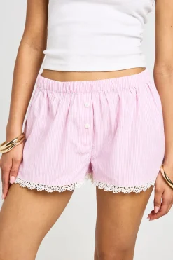 Short En Popeline De Coton À Rayures Avec Bordure En Dentelle