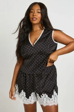 Short En Satin À Pois Avec Dentelle Contrastée Grande Taille