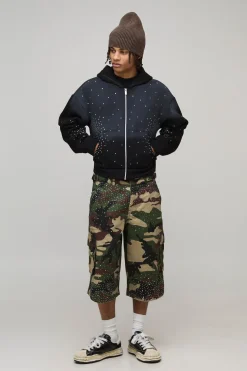 Short en Twill Camouflage Orné Coupe Longue