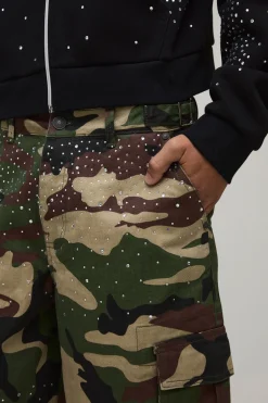 Short en Twill Camouflage Orné Coupe Longue