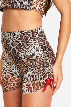 Short fesses en maille léopard à détails plissés et ruban