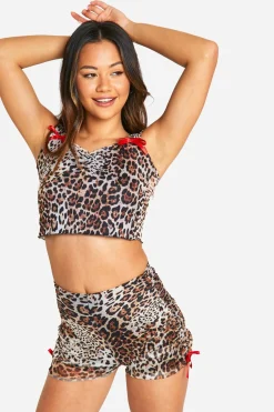 Short fesses en maille léopard à détails plissés et ruban