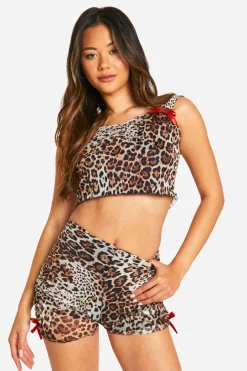 Short fesses en maille léopard à détails plissés et ruban