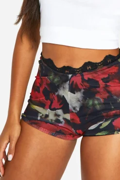 Short fessier en résille à imprimé Smudge avec effet froncé et bordure en dentelle