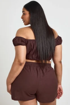 Short Grande Taille En Lin Avec Bordure Perlée Et Taille Élastiquée