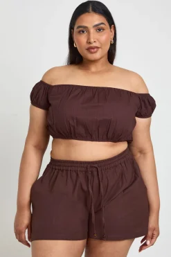 Short Grande Taille En Lin Avec Bordure Perlée Et Taille Élastiquée