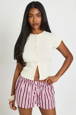 Short Henley À Rayures En Popeline