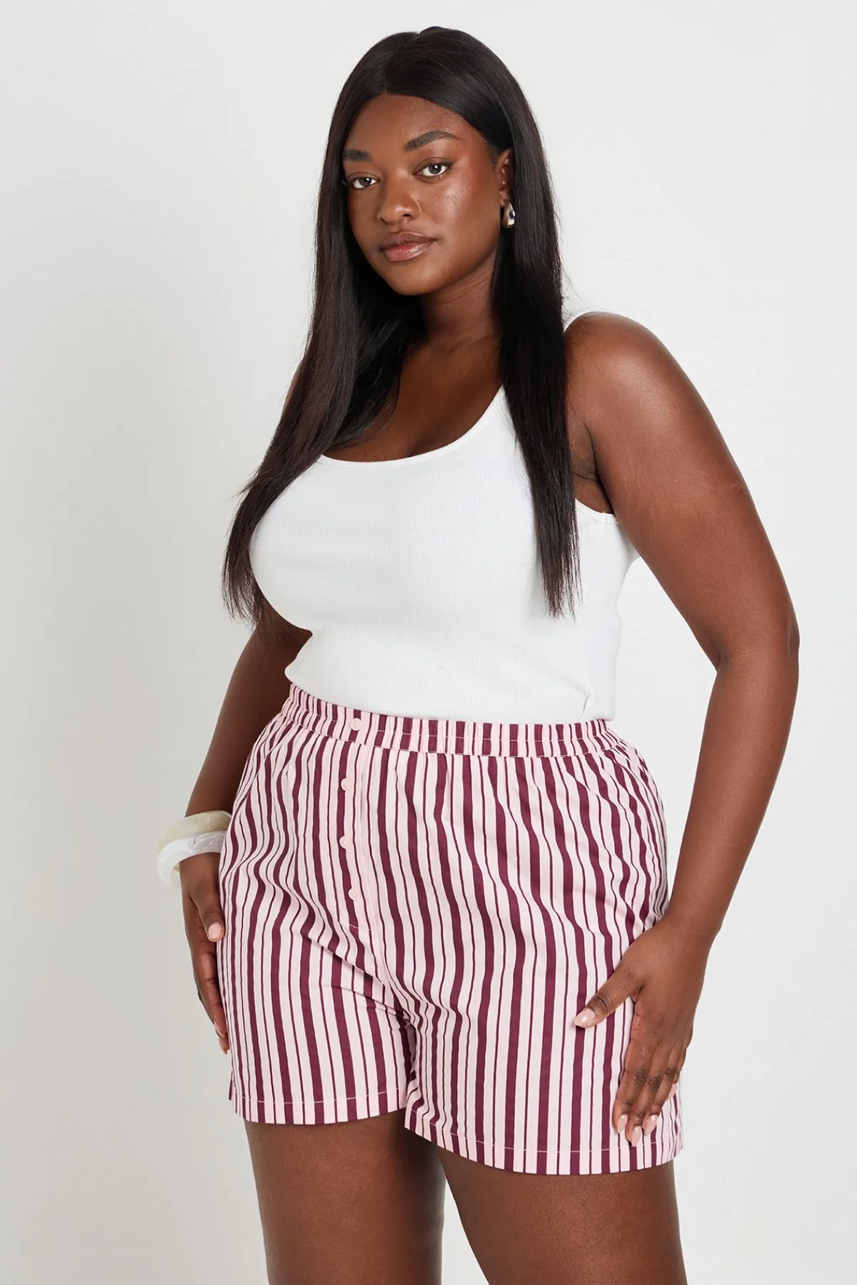 boohoo Short Henley À Rayures En Popeline Grande Taille<Femme Shorts