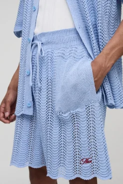 Short homme décontracté brodé, à motif ondulé, en crochet et en tricot