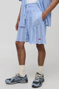 Short homme décontracté brodé, à motif ondulé, en crochet et en tricot