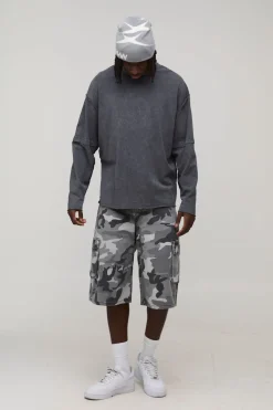 Short Long Camouflage Lavé à Plis au Genou
